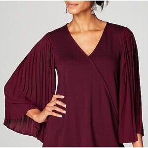 J Jill Bordeaux Pleated Bell Sleeve Top Womens Sz L V Neck Flowing Dramatic